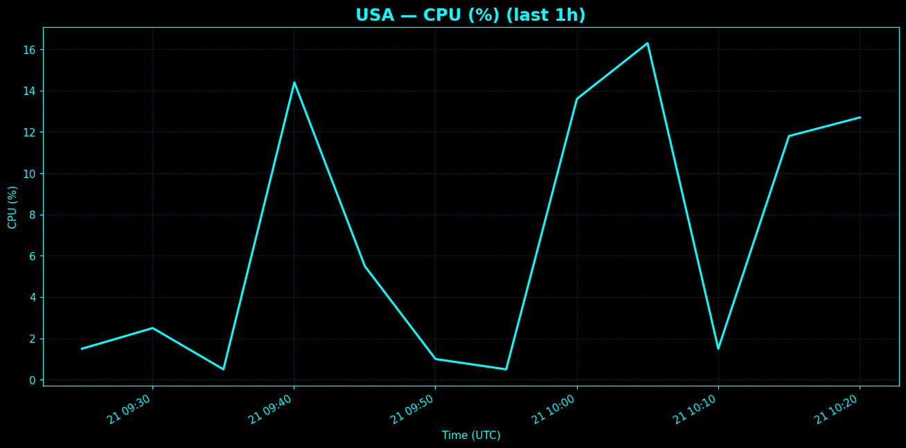 Chart representing CPU utilization on USA regions server in past hour.