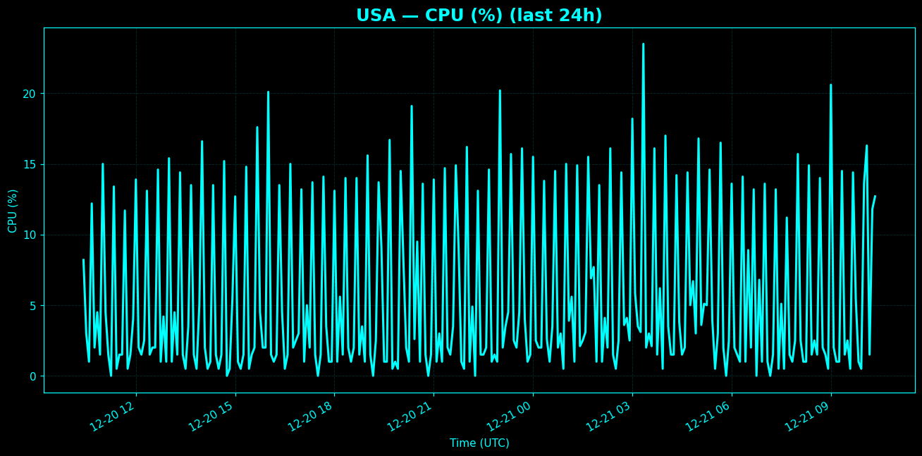 Chart representing CPU utilization on USA regions server in past 24 hours.