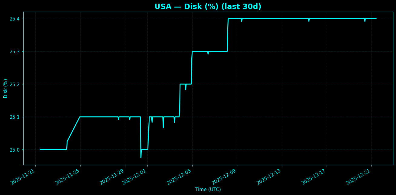 Chart representing Disk utilization on USA regions server in the past 30 days.