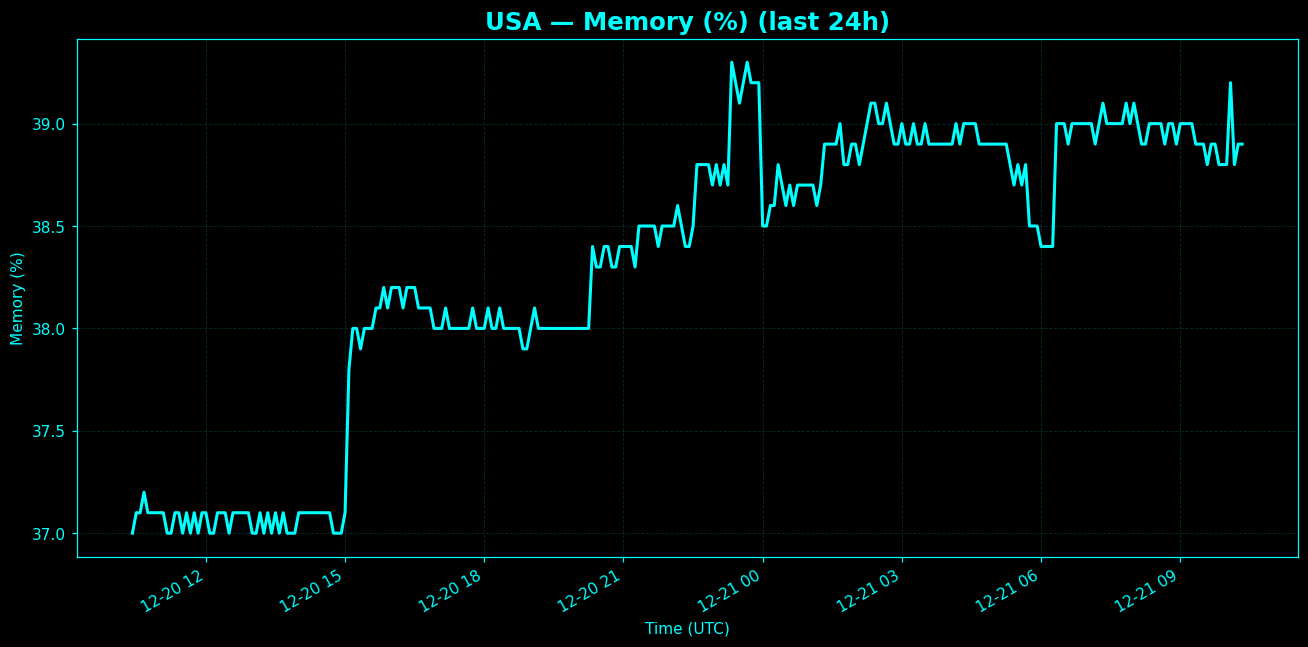 Chart representing RAM utilization on USA regions server in the past 24 hours.