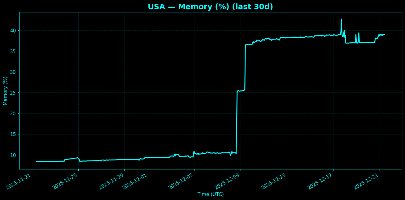 Chart representing RAM utilization on USA regions server in the past 30 days.