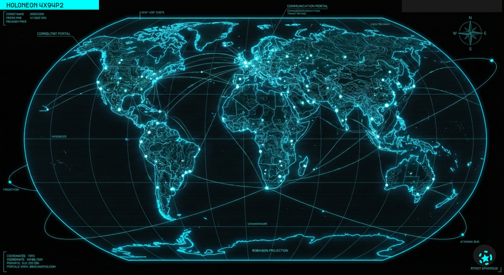 A high-tech digital world map in the Robinson projection, displayed in glowing cyan on a black background. Continents are outlined with detailed borders, and major cities are marked with glowing dots connected by arcing network lines. Technical data overlays include a compass rose in the top right and text labels like 'HOLONEON 4X94P2' in the top left.
